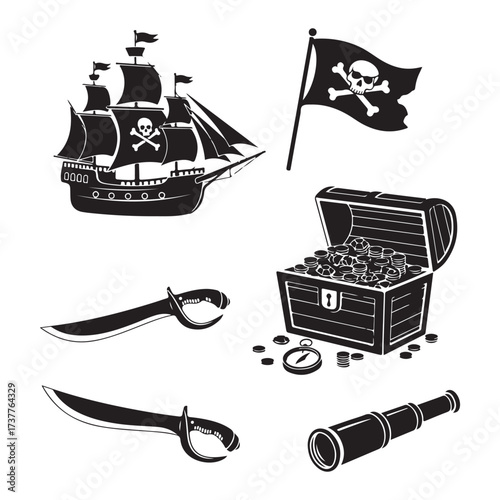 Pirate Equipment Concept Black Silhouette Vector Illustration.