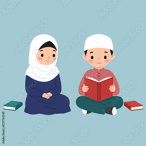 Happy Muslim Children Reading Books, Learning Islamic Education Together Illustration