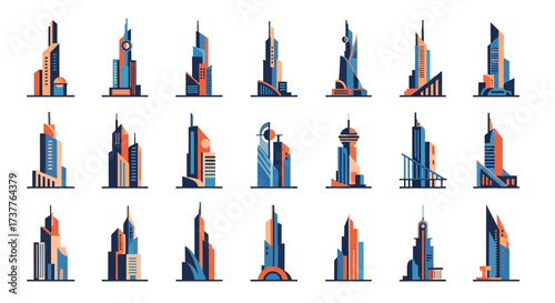 Collection of Modern Skyscraper Designs with Geometric Shapes and Vibrant Colors.