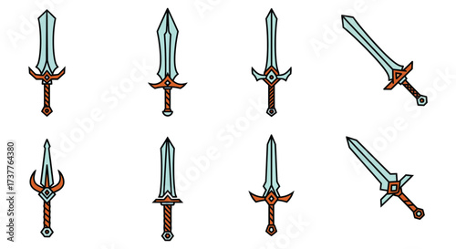 Collection of hand drawn medieval swords with ornate hilts and blades