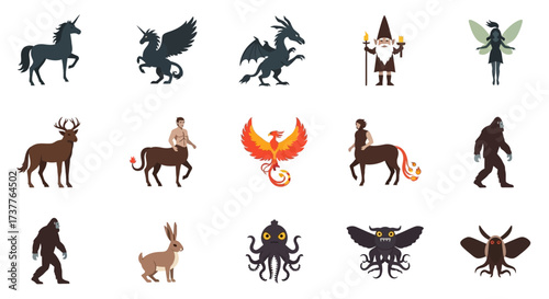 Collection of Mythical Creatures and Cryptids in Silhouette Style.
