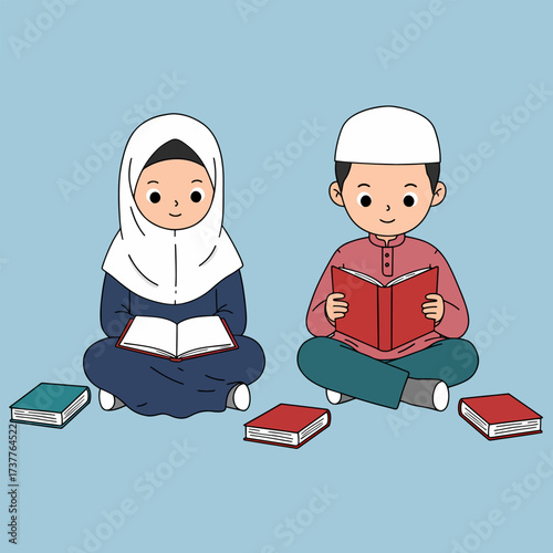 Smiling Muslim Children Reading Books Together, Islamic Education Concept Illustration