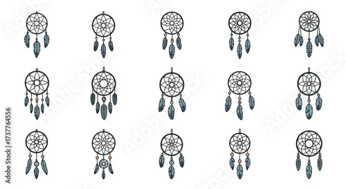 Collection of Native American Dream Catchers with Feathers and Beads.