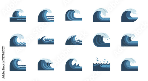 Collection of Ocean Wave Illustrations in Various Styles.