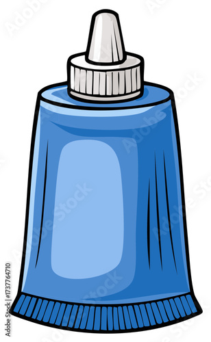 Cartoon illustration of a blue tube of adhesive glue with a white tip, close-up