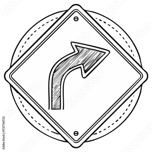 Road sign sketch design showing right turn direction in a white rounded shape with arrow icon