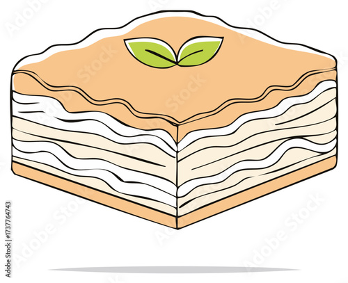 Baklava dessert drawing with green leaves topping pastry, Middle Eastern baked sweet layers