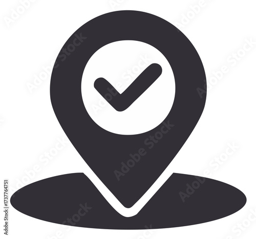 GPS map location marker with positive checkmark symbol for confirmed validated position