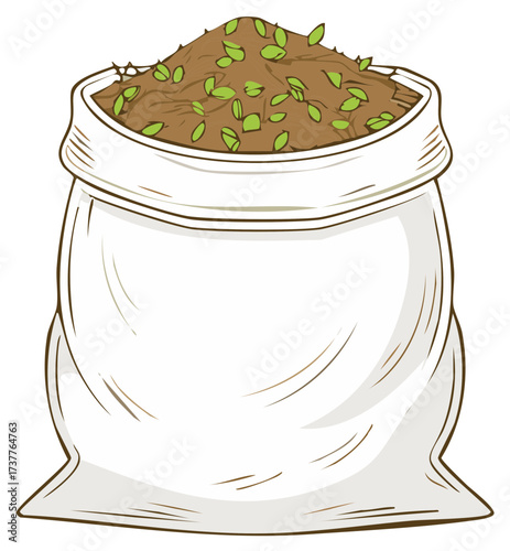 Cartoon White Sack Filled With Brown Soil and Green Sprouts Illustration