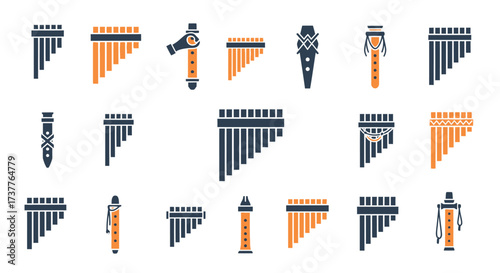 Collection of Pan Flute Musical Instruments in Various Styles.
