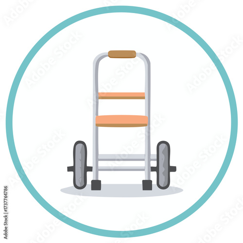 Hand truck with two wheels and orange shelves for moving cargo