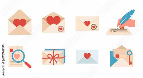 Collection of romantic love letters and envelopes with hearts for Valentines Day.