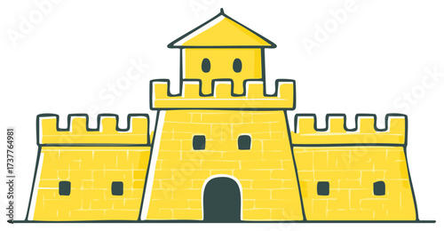 Cartoon Yellow Brick Castle Illustration with Tower Ramparts and Dungeon Entrance