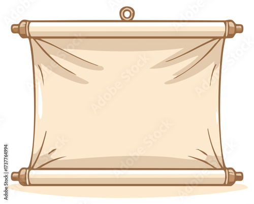 Cartoon hanging scroll with blank old parchment paper for message or announcement