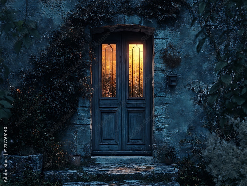 Fototapeta premium Enigmatic doorway bathed in soft golden glow amidst a weathered stone facade