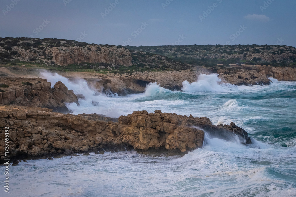 Fototapeta premium rough waves and storm at Cape Greco on Cyprus