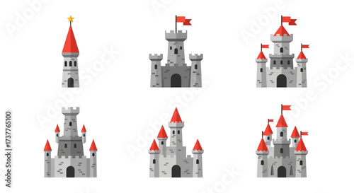 Collection of six cartoon medieval castles with red roofs and flags.