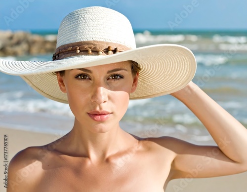 Woman Wearing Hat on Beach, Relaxed, Summer Day.