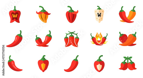 Collection of Spicy Chili Pepper Illustrations in Various Styles.