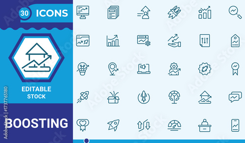 Startup and Boosting line icon set. Minimalist icons pack.Contains such icons as performance, success, succeed, increase, rocket and more.Editable stroke.