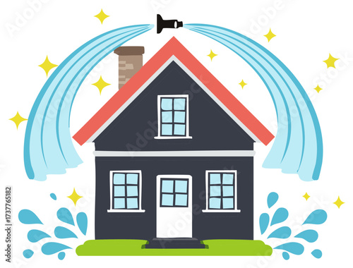 Illustration of a house being cleaned with water spray, stylized depiction.