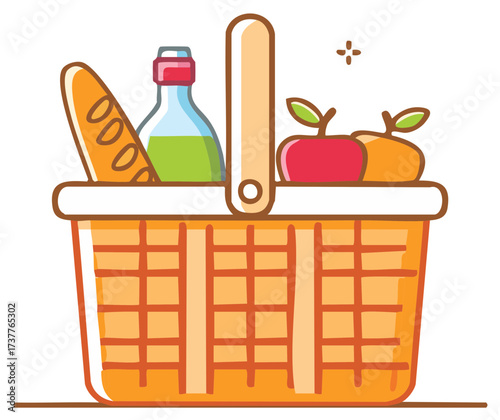 Stylish picnic hamper illustration filled with wine bottle, baguette, apple, and orange for outdoor summertime enjoyment