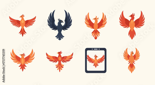Collection of stylized phoenix bird logos in various colors and designs.