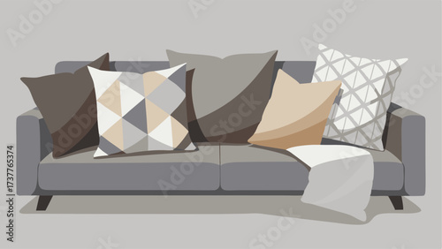 A mix of smooth and textured throw pillows in shades of beige and gray add depth and interest to a neutral couch.