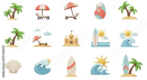 Collection of Summer Beach Icons and Elements for Vacation.