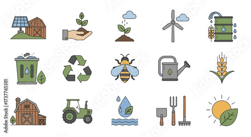 Collection of Sustainable Agriculture and Environmental Conservation Icons.