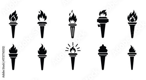 Collection of black silhouette torch icons demonstrating varying flame designs