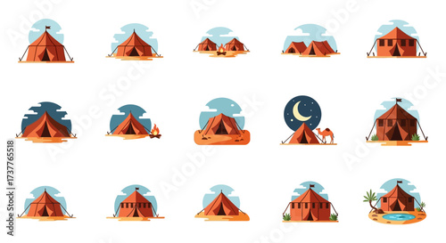 Collection of traditional Bedouin tents in various desert settings.