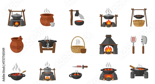 Collection of Traditional Cooking Pots and Utensils.