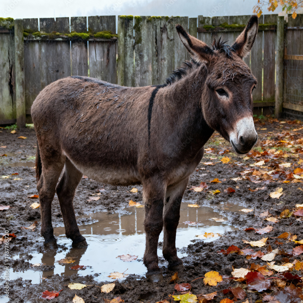 Fototapeta premium A donkey stands in muddy ground with autumn leaves and puddles.