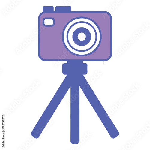 Purple digital camera mounted on a blue tripod icon for photography and videography 