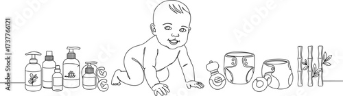 Eco baby care, crawling infant, organic products, natural skincare, reusable diapers, bamboo theme, sustainable parenting, baby essentials, eco friendly lifestyle, childcare
