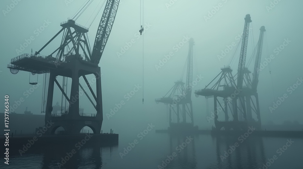 Obraz premium Foggy Harbor Cranes: Silhouettes of Maritime Industry in Twilight Mist for Efficient Shipping and Transport Technology