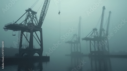 Foggy Harbor Cranes: Silhouettes of Maritime Industry in Twilight Mist for Efficient Shipping and Transport Technology
