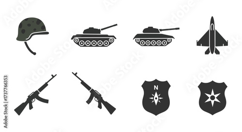 Military equipment icons depicting tanks planes rifles and protective gear