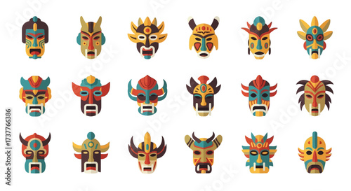 Collection of tribal masks with vibrant colors and intricate designs.
