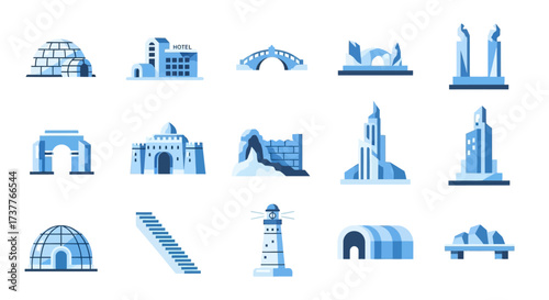 Collection of various architectural structures and buildings in blue color.