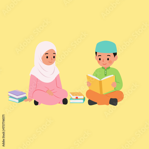Joyful Muslim Children Studying Islam, Reading Books Together, Education Concept