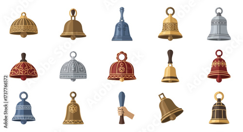 Collection of various bells in different shapes and sizes.