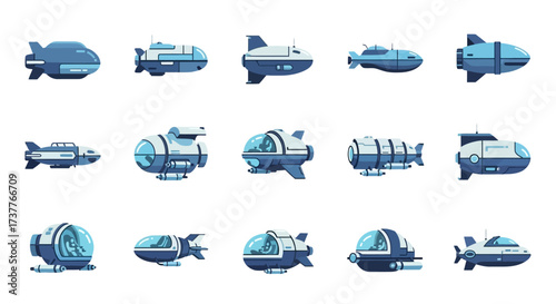 Collection of various cartoon submarines and underwater vehicles.