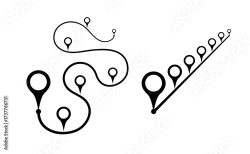 Location pin markers, line with turn, curve, straight line vector design. Simple and complex difficult complicated business process solution. Gps map markers illustration isolated on white. 