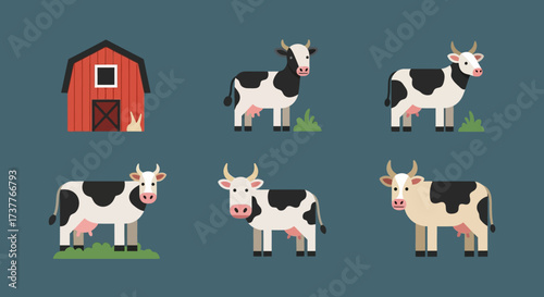 Collection of various cows and a barn on a farm.