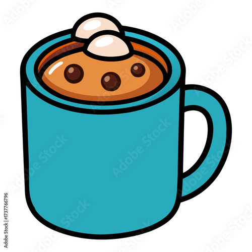 Vector art of a delightful mug of hot chocolate with marshmallows and chocolate chips, a perfect treat for a cold day
