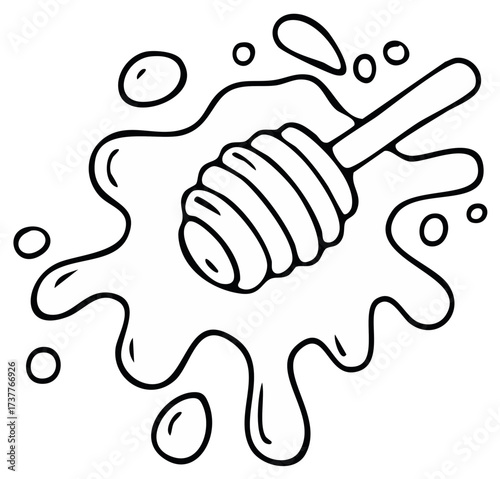 Honey dipper and spilled honey, hand drawn, outline