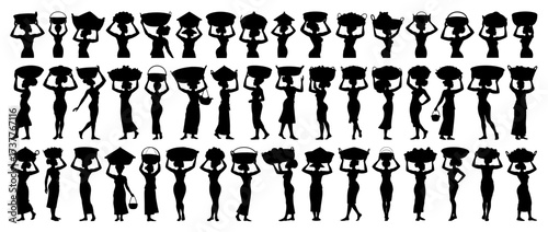 Different Ethnic Women Carrying Basket on Head Silhouette Vector Big Collection, Transparent Background