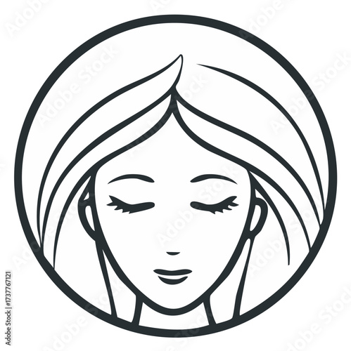 Minimalistic vector portrait of a woman in a circle with eyes closed in a meditative or restful state